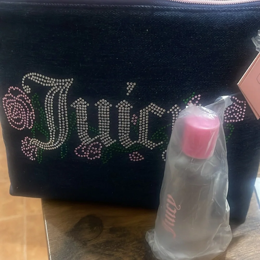 Juicy Couture Denim  Cosmetic Bag with Pink and Green Accents